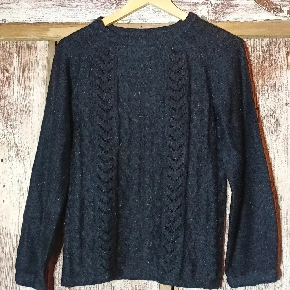Lissy open knit crochet sweater elastic bell sleeves crew neck small